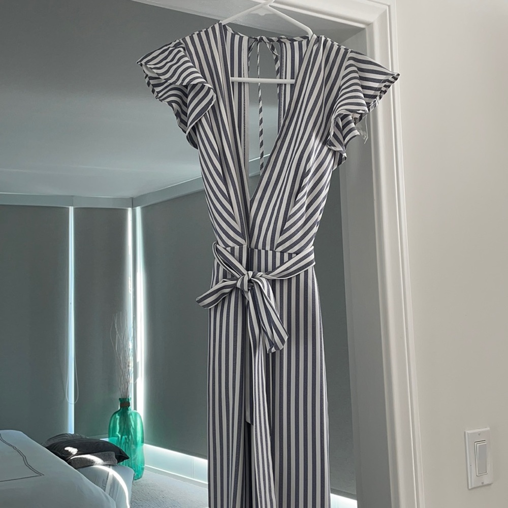 Vici striped jumpsuit with open back and tie waist